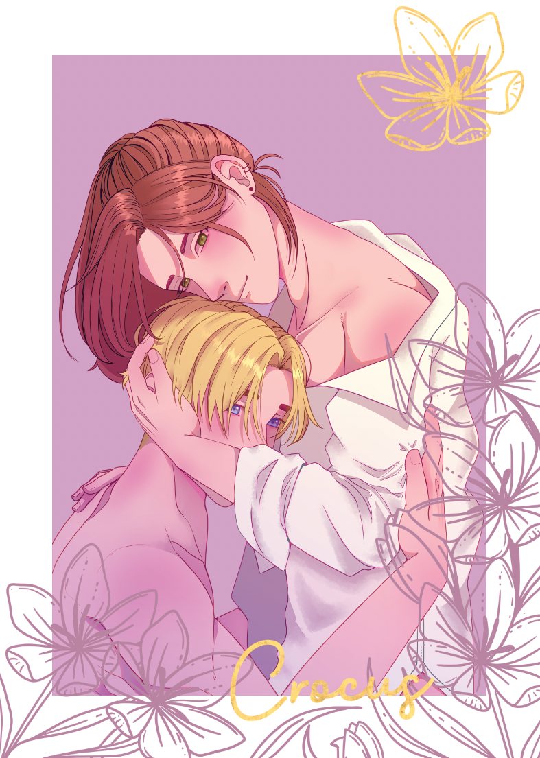 Illustration of two characters embracing with floral elements on a light purple background